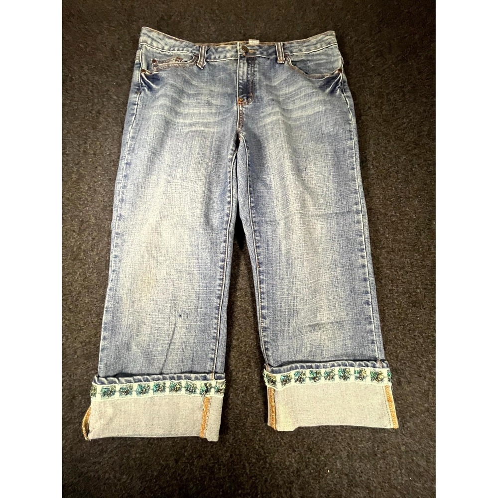 Ant 9 Capri Jeans Womens 14 Blue Denim Cotton Stretch Beaded Cuffed Y2K Mid Rise